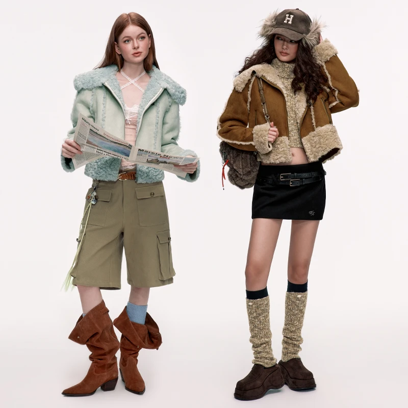 wooha 吾哈冬季新款复古大翻领皮毛一体短外套