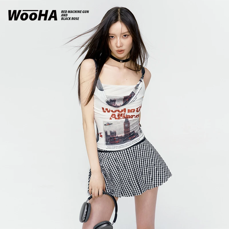 WooHa/吾哈夏季新款美式辣妹印花上衣格子短裙套装女