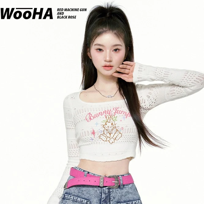 WooHa/吾哈兔子钩花上衣设计师修身方领针织衫W313095444