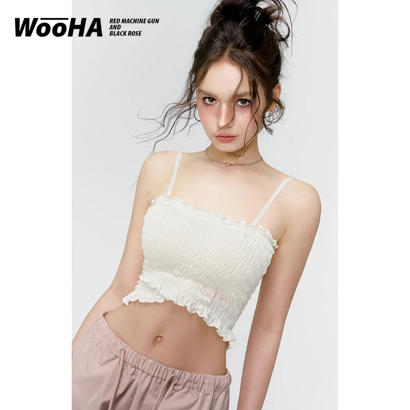 【新品】WooHa/吾哈2023夏季新款简约百搭弹力褶皱抹胸吊带上衣女