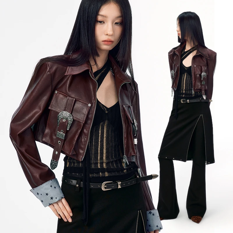 WooHa/吾哈2024秋季新款重金属短款设计感皮衣外套女