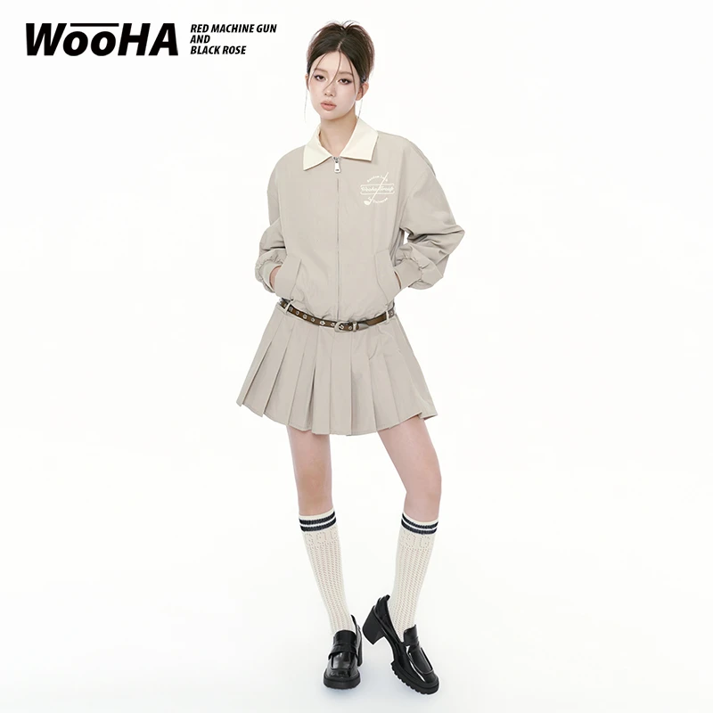 WooHa/吾哈2023早春新款学院风甜美减龄裙子小众百褶工装连衣裙女