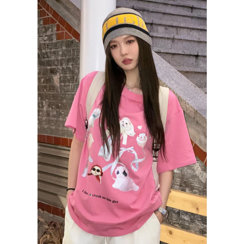 WooHa/吾哈夏季新款宽松百搭动物印花纯棉短袖T恤女