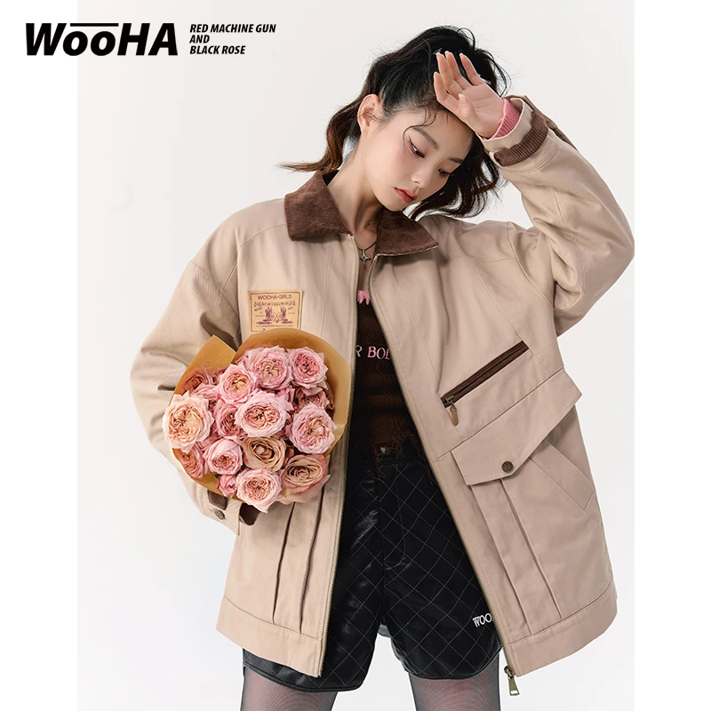 WooHa/吾哈冬季复古宽松印花加绒工装外套时尚保暖情侣款