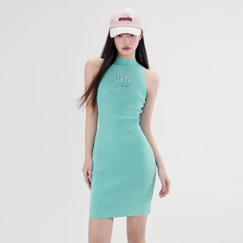WooHa/吾哈2024初夏新款性感露肩气质中领紧身连衣裙