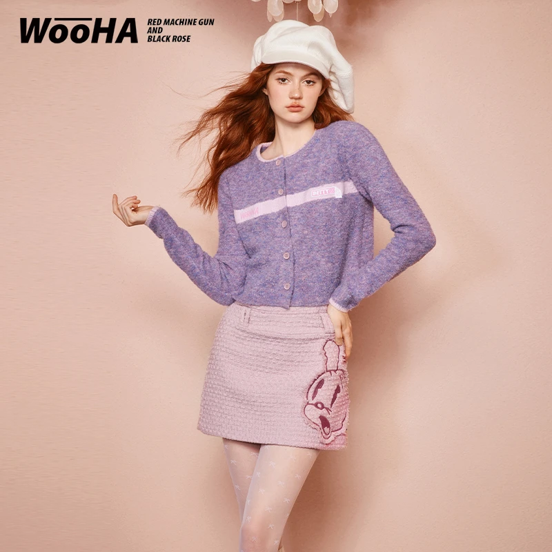 Wooha/吾哈时尚编织格纹小香风短款针织开衫