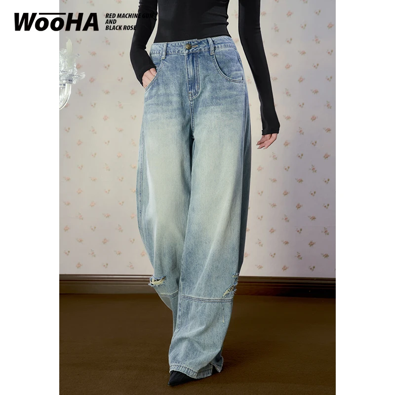 WOOHA拖地裤宽松简约百搭直筒牛仔阔腿裤女高腰