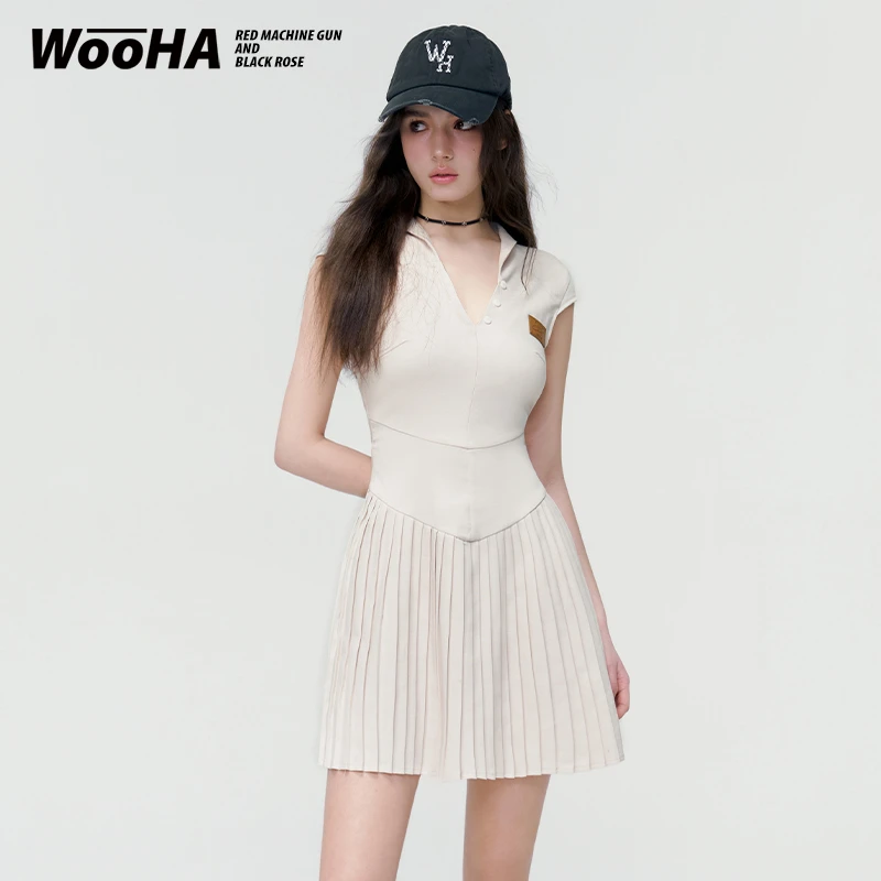 WooHa/吾哈新款法式田园复古少女甜美百褶裙V领连衣裙W127365141