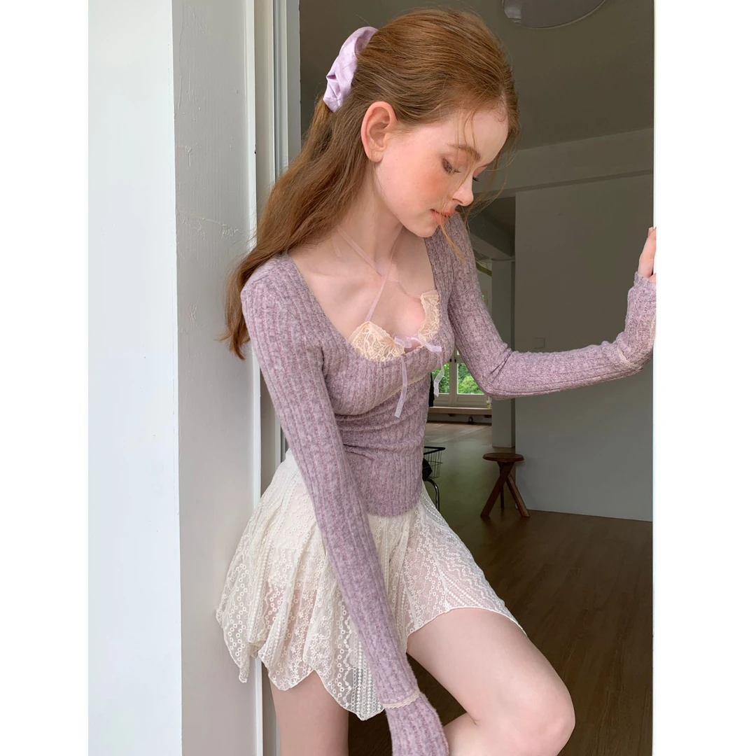 WooHa/吾哈2024秋季新款假两件拼接打底衫.