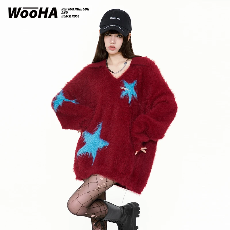【新品】WooHa/吾哈星星大圆领毛衣2022冬新款甜辣时髦仿貂毛上衣女
