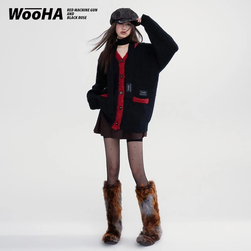 WooHa/吾哈2023冬季新款马海毛针织开衫毛衣外套女