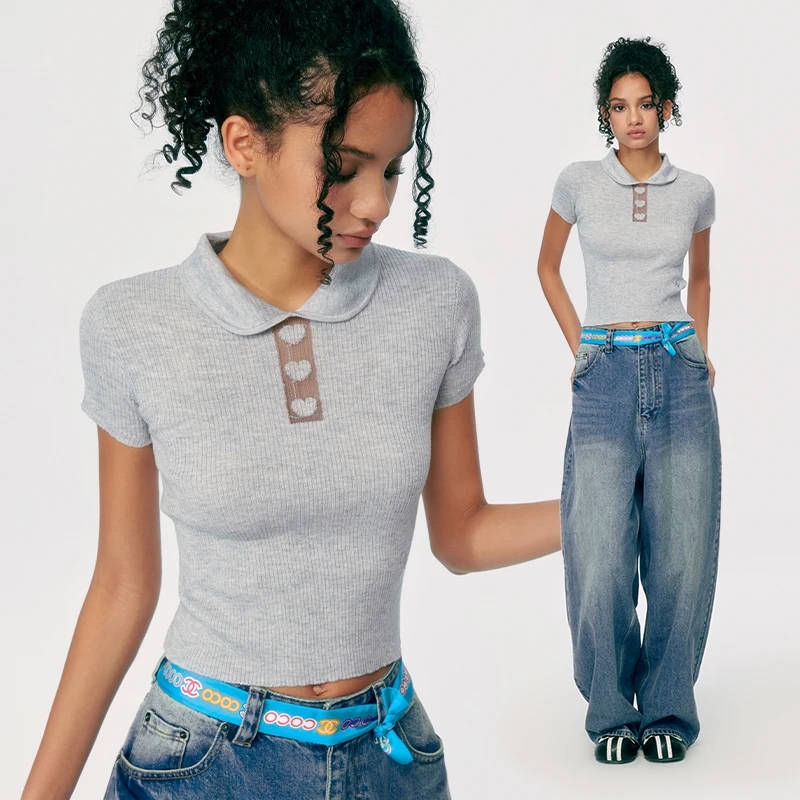 wooha 吾哈丸子领上衣短款短袖T恤女