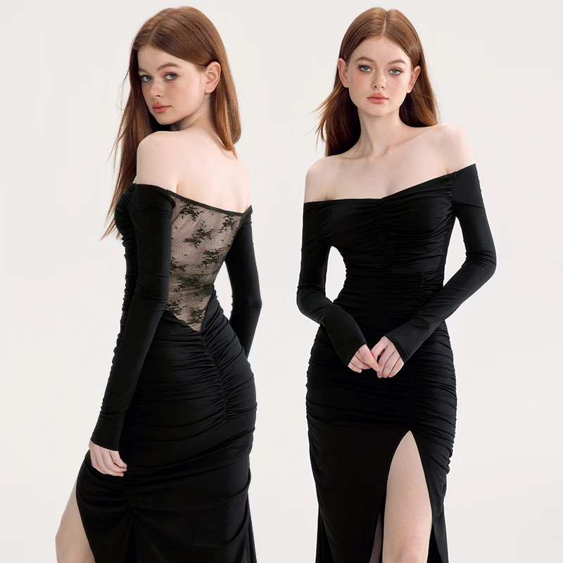 WooHa/吾哈2024秋季新款性感一字肩后背镂空连衣裙女