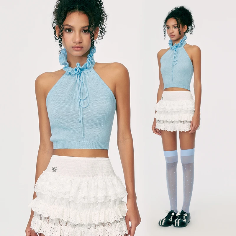 WooHa/吾哈2024夏季新款木耳边纯欲露背挂脖背心上衣