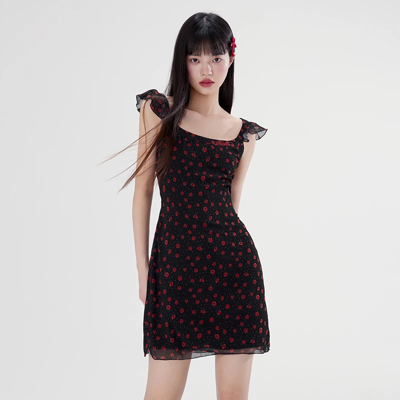 WooHa/吾哈2024夏季新款甜美小飞袖碎花雪纺连衣裙女