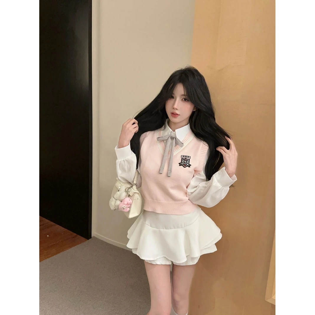 实拍实价甜美穿搭套装jk制服粉色马甲韩系三件套小个子学院风套装