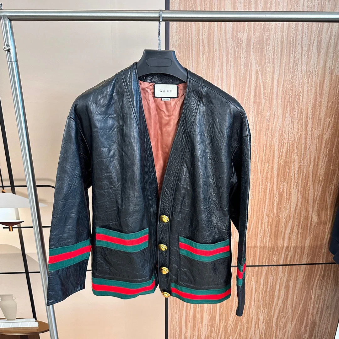 古驰 Gucci 经典红绿条纹皮衣 40码 98新