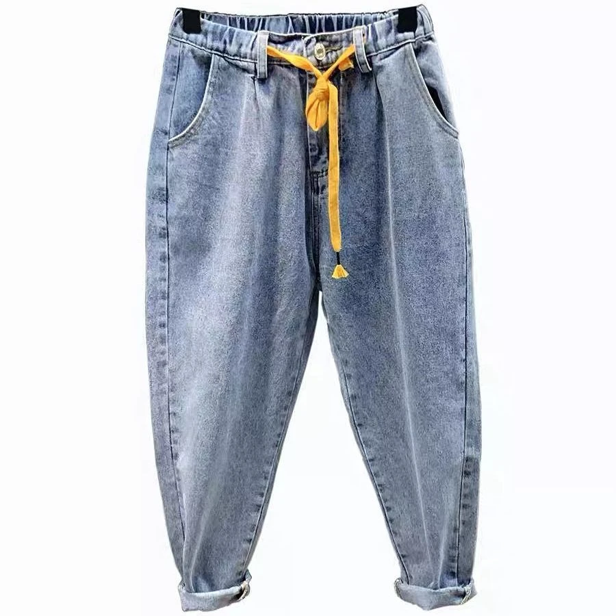 系绳松紧腰九分春季牛仔裤男宽松直筒哈伦裤跨裤大码老爹裤男阔腿