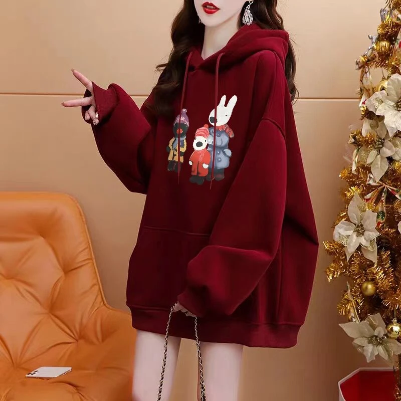 酒红色美式连帽卫衣女款春秋季2024新款oversize宽松慵懒潮牌外套