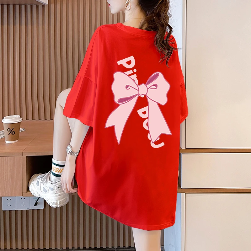 高档纯棉t恤女短袖夏季潮流韩版中长款胖mm大码上衣宽松红色体恤