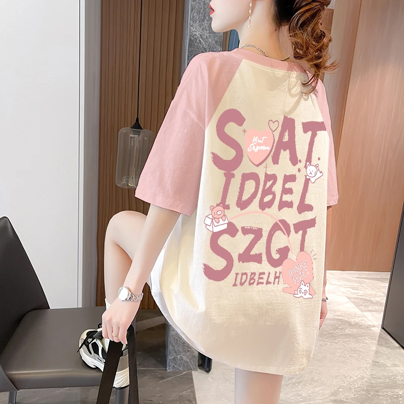 纯棉插肩袖短袖t恤女大码2025新款宽松夏季欧货大版半袖撞色上衣