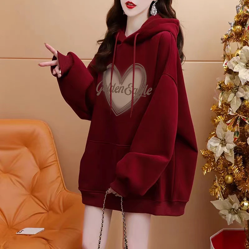 酒红色纯棉连帽卫衣女春秋冬2025新款韩版宽松小众设计感加绒外套