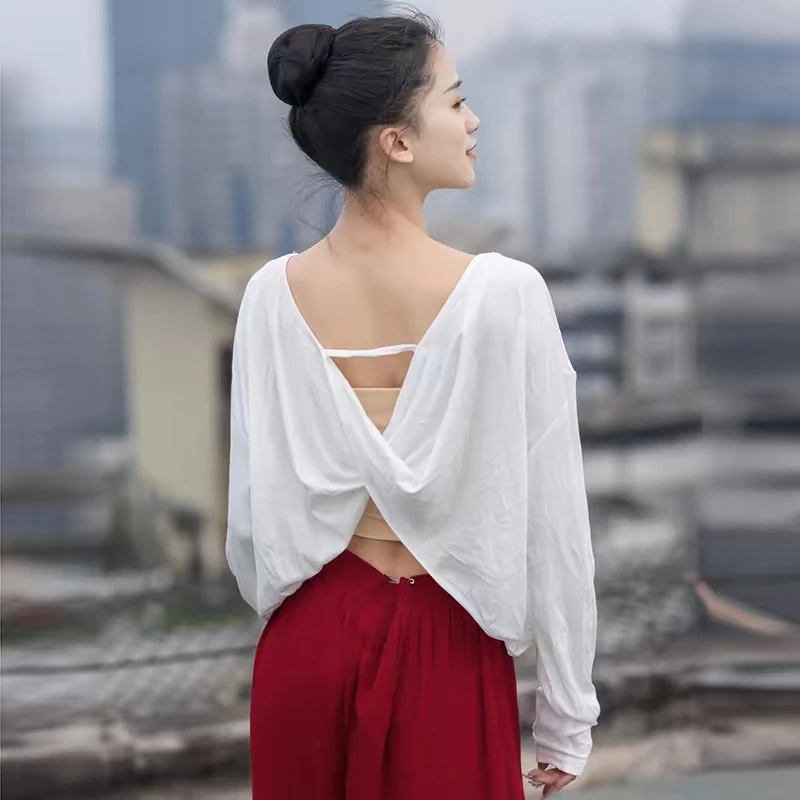 现代舞宽松显瘦漏背长袖舞蹈服上衣中国舞古典舞民族舞基础练功服