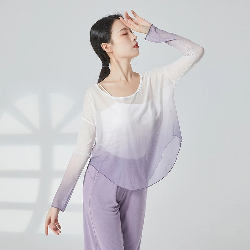 新款古典舞纱衣演出服女飘逸渐变宽松上衣落肩长袖现代舞蹈练功服