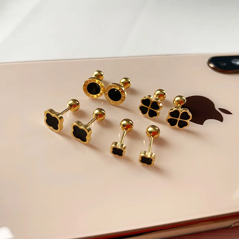 钛钢耳饰 迷你四叶草耳钉女钛钢细耳骨钉螺纹百搭潮流耳环