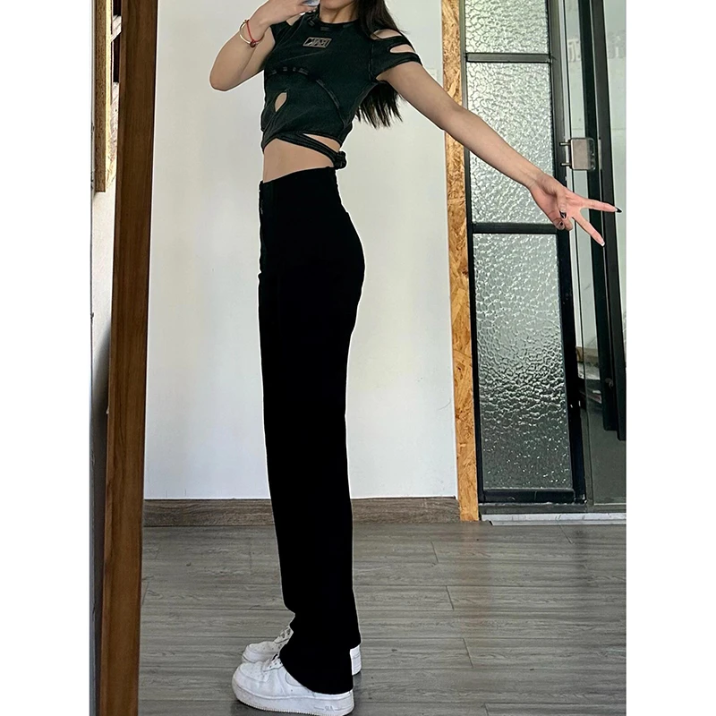 黑色阔腿裤牛仔裤2024年新款春秋季爆款修身显瘦窄版加长烟管裤子