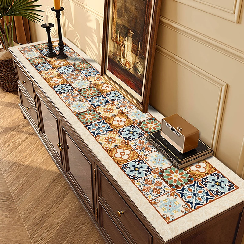 电视柜桌垫桌布长条形皮革防水防油餐边柜盖垫复古民族风鞋柜垫