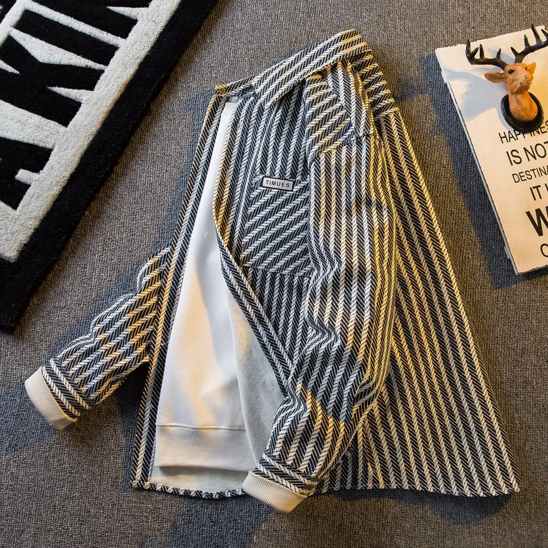 日系复古条纹衬衫男长袖纯棉衬衣休闲外套男春秋季夹克潮牌宽松