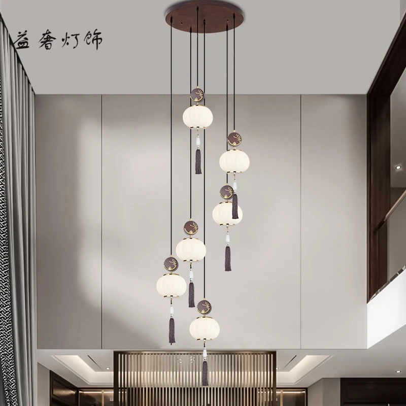 新中式吊灯餐厅床头单头实木楼梯大吊灯新款中国风禅意复式楼6205