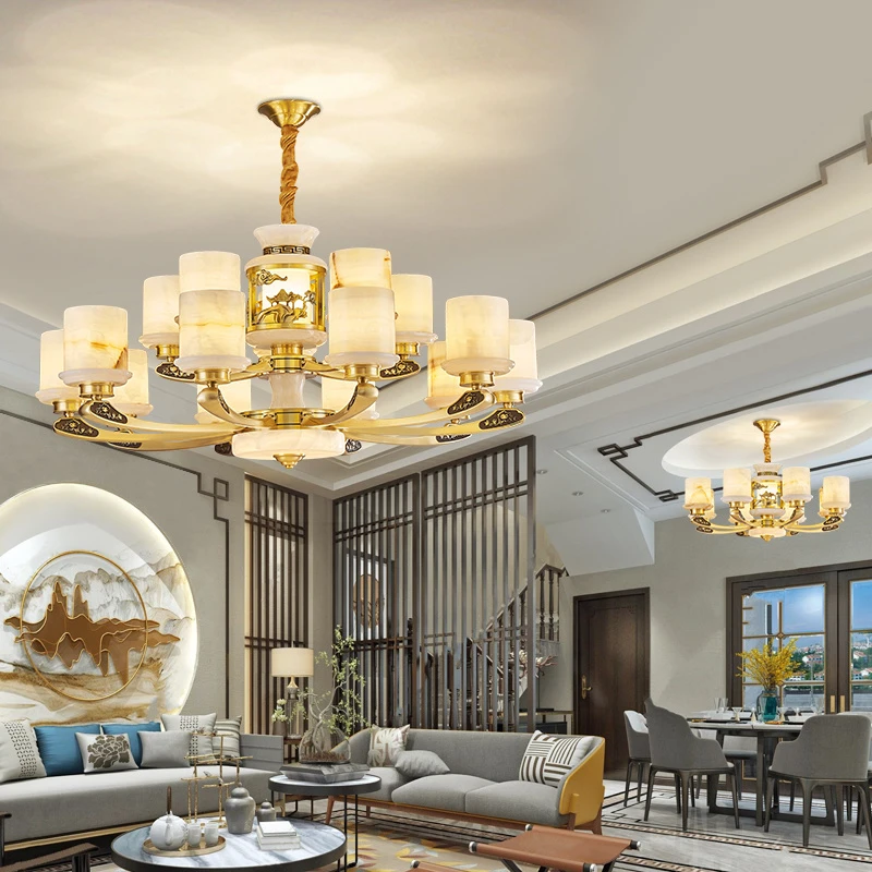 新中式餐厅全铜吊灯真玉石客厅灯2023新款豪华别墅楼大厅吊灯