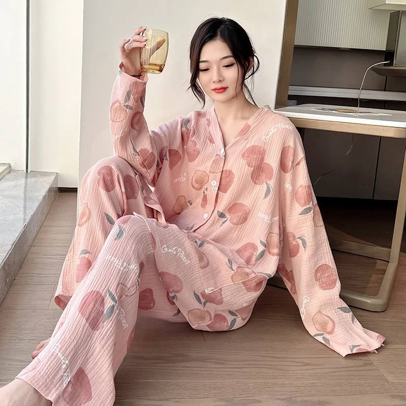 春秋大码纯棉睡衣女士双层绵纱布家居服胖mm长袖甜美印花宽松套装