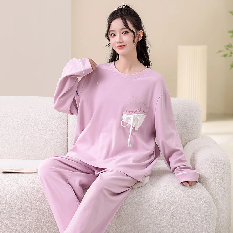 春秋大码纯棉睡衣女士长袖长裤圆领家居服套装胖mm宽松卡通两件套