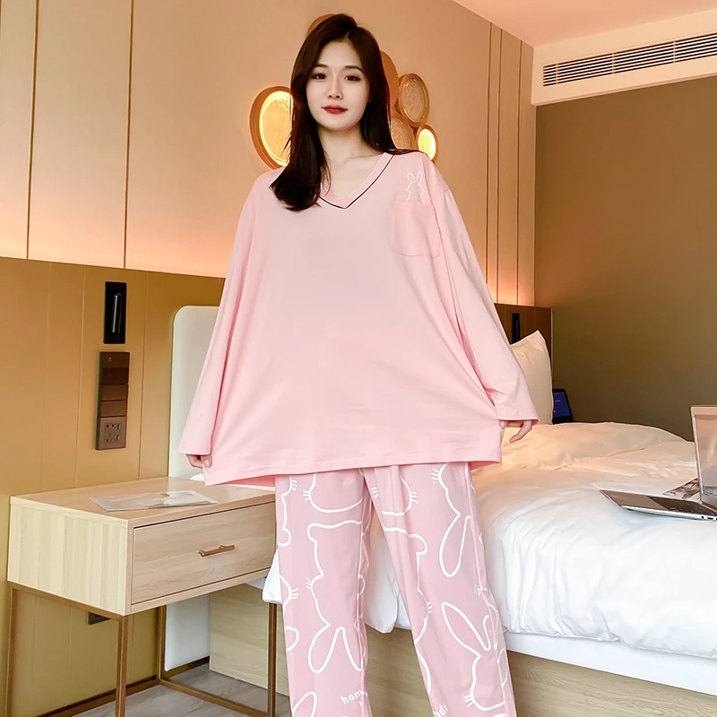 秋季薄款睡衣卡通女士大码棉长袖长裤家居服韩版印花居家服套装