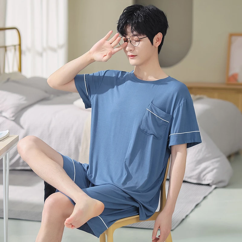 新款男士莫代尔睡衣男士夏季薄款短袖短裤可外穿家居服纯色休闲装