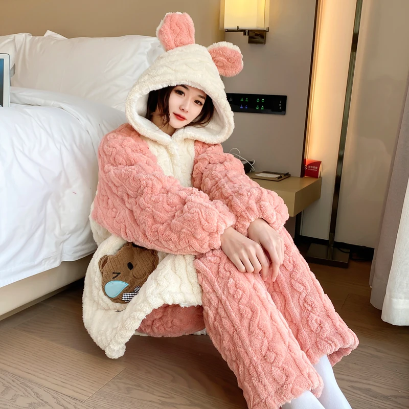 新款大码加厚绒睡衣冬季女连帽睡袍胖m加绒套装280斤可外穿家居服