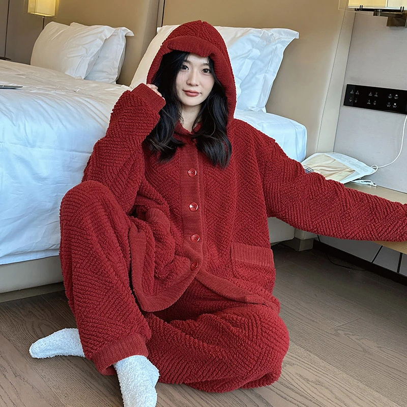 冬季大码加厚保暖睡衣胖m200-300斤连帽家居服长袖加绒开衫两件套