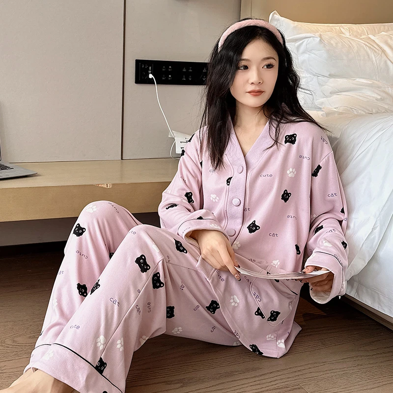 秋冬季女士大码保暖绒睡衣中等加厚绒家居服胖mm卡通宽松长袖套装