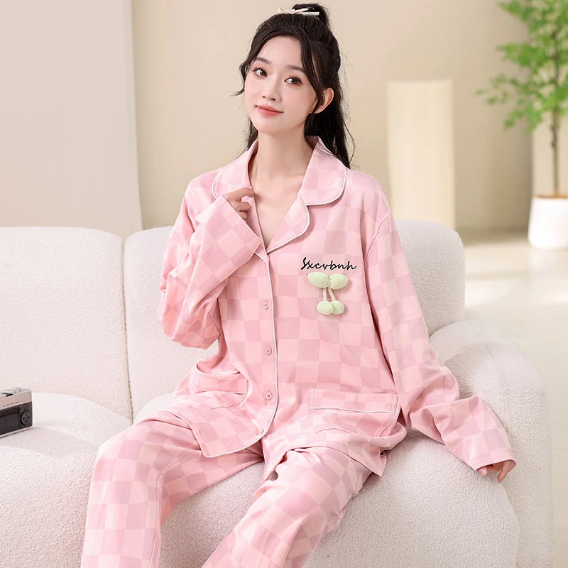 春秋季大码纯棉睡衣女士长袖长裤卡通家居服胖mm翻领宽松格子套装