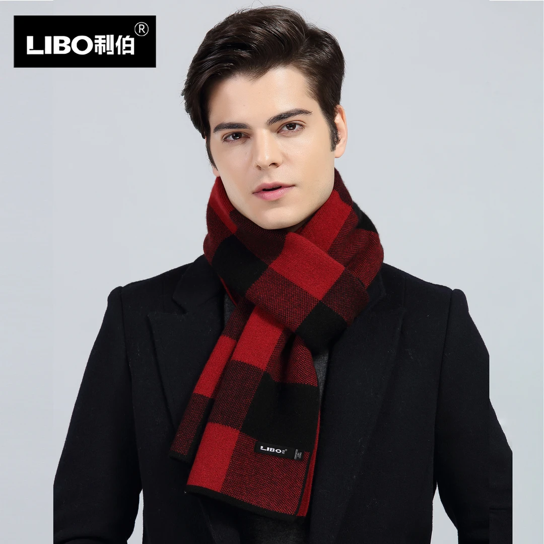 高档山羊绒红色男士围巾中老年轻奢简约格子羊毛围巾冬季保暖礼盒