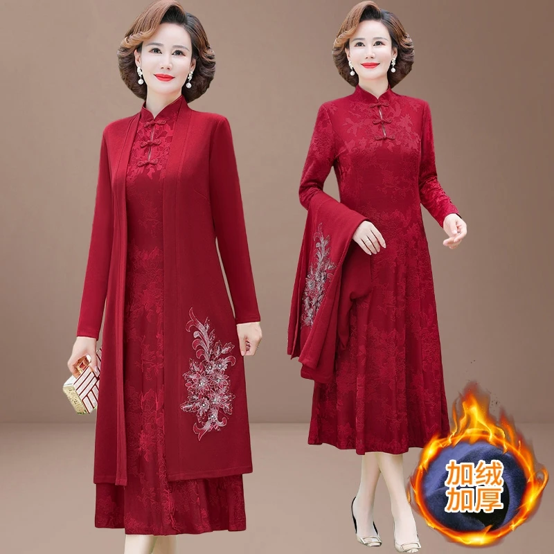 冬季喜婆婆婚宴装加绒加厚礼服妈妈秋冬装高贵连衣裙加大码两件套