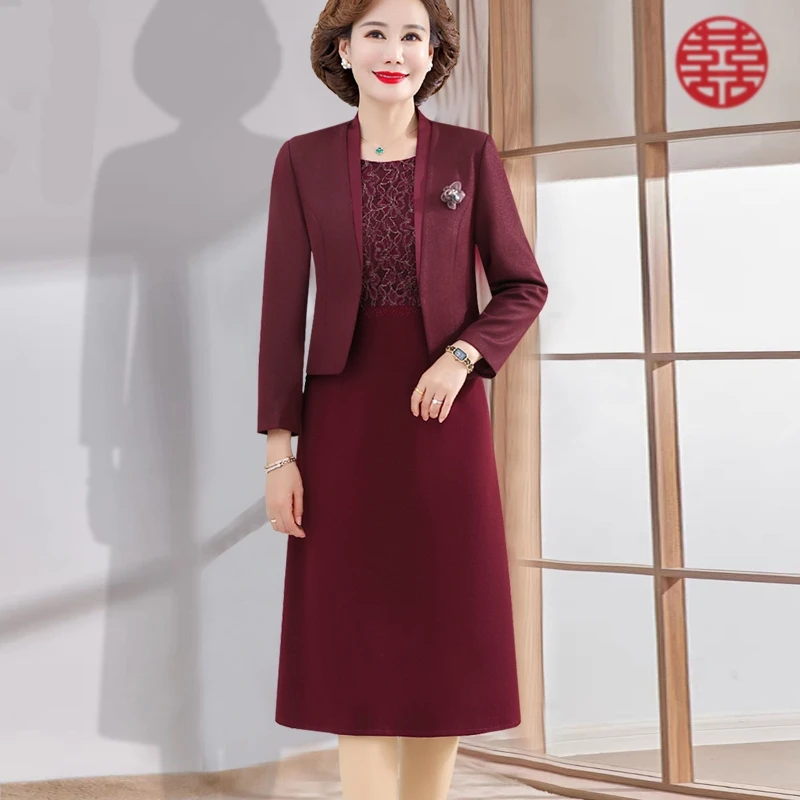 喜婆婆婚宴装春秋新款高贵两件套结婚礼服酒红高端妈妈秋装连衣裙