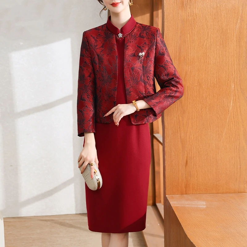 妈妈秋装结婚礼服两件套2024年新款喜婆婆婚宴敬酒装旗袍裙子套装