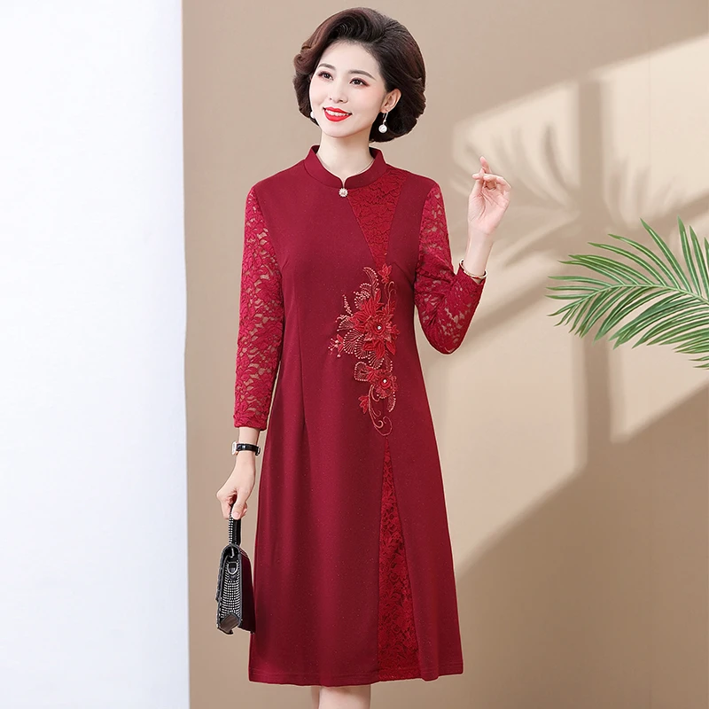 妈妈秋装高端连衣裙中年女结婚礼服裙子中老年春秋喜婆婆婚宴旗袍