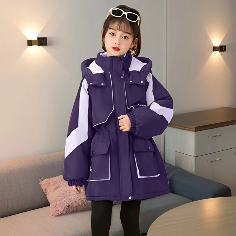 女童冬装派克服加绒加厚中大童收腰连帽保暖外套中长款女孩棉服