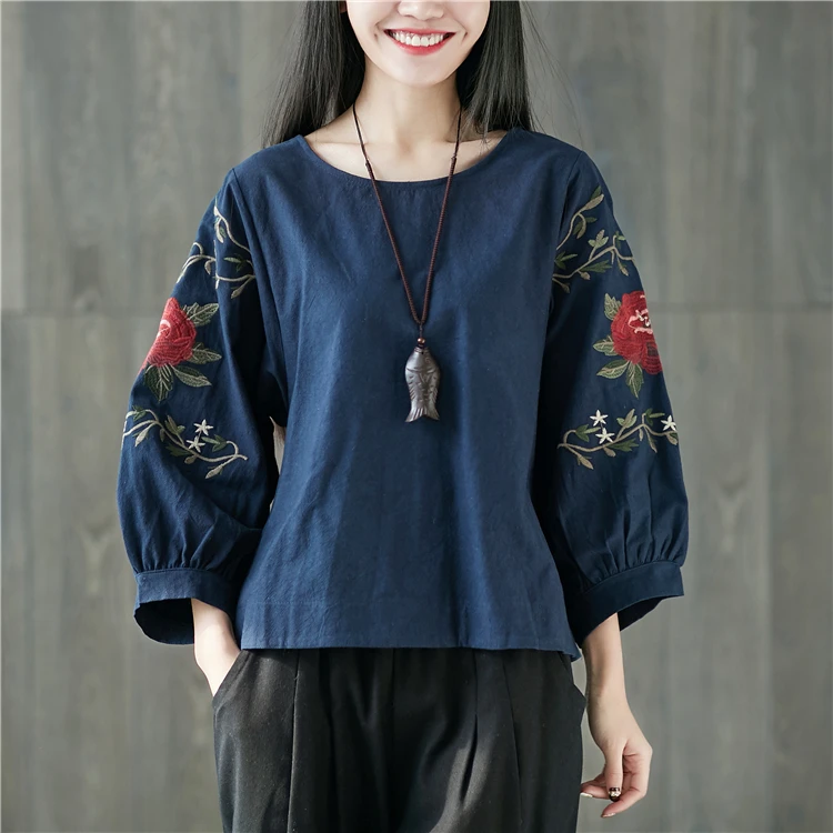 【当天发+退换包邮】衬衫女民族风宽松休闲七分袖圆领套头上衣女474