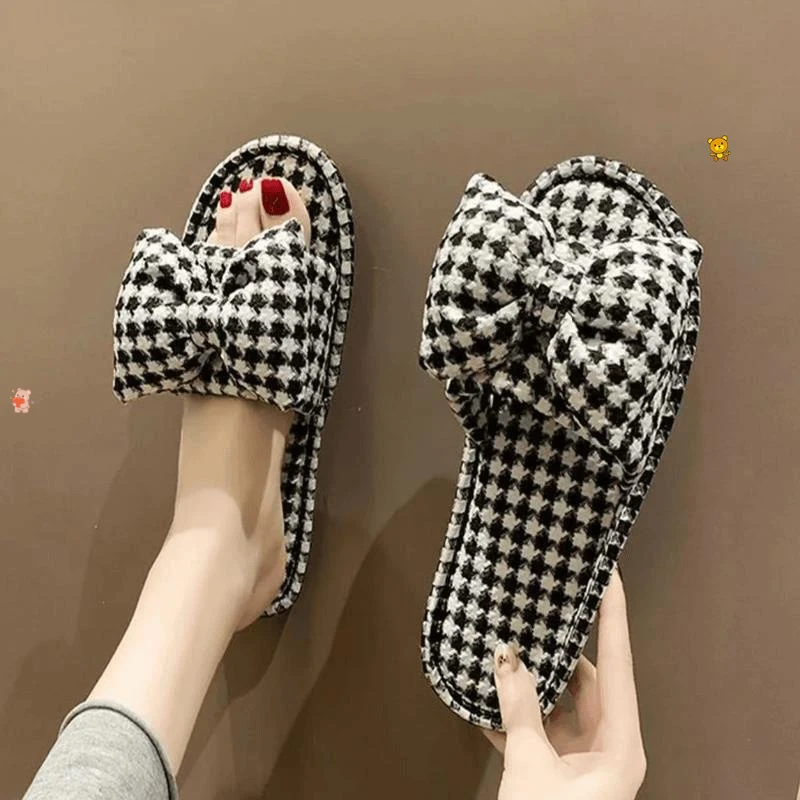 春款蝴蝶结平底好看拖鞋女显瘦外穿干湿两用便携超轻薄千鸟格拖鞋